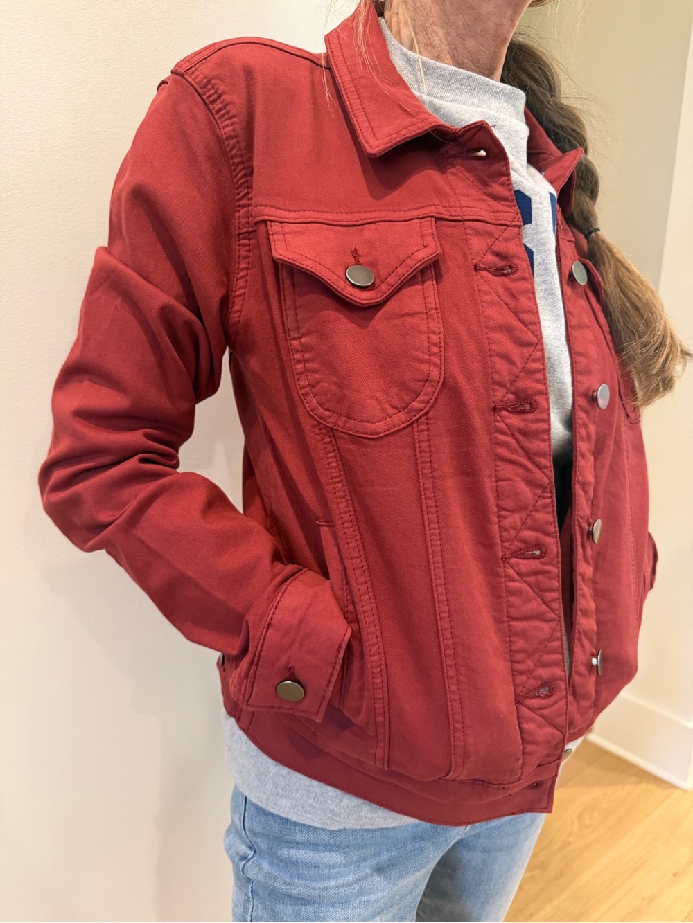 Classic Red Denim Jacket with Button Front